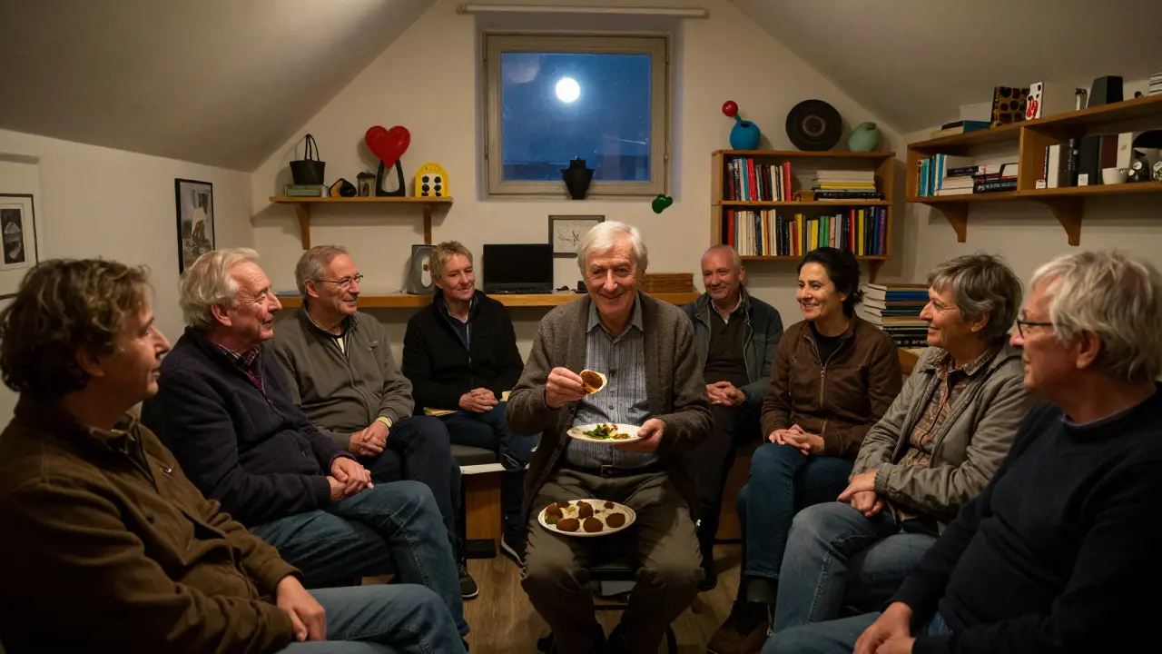 An elderly man telling a story to a small, attentive crowd in a cozy room above a falafel shop.