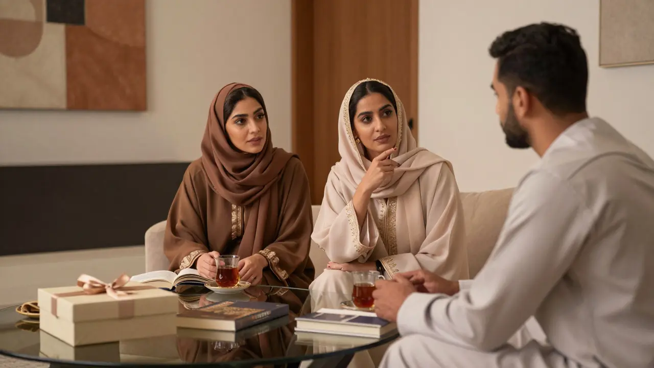 An Emirati woman and client engaged in calm conversation in a refined villa setting.
