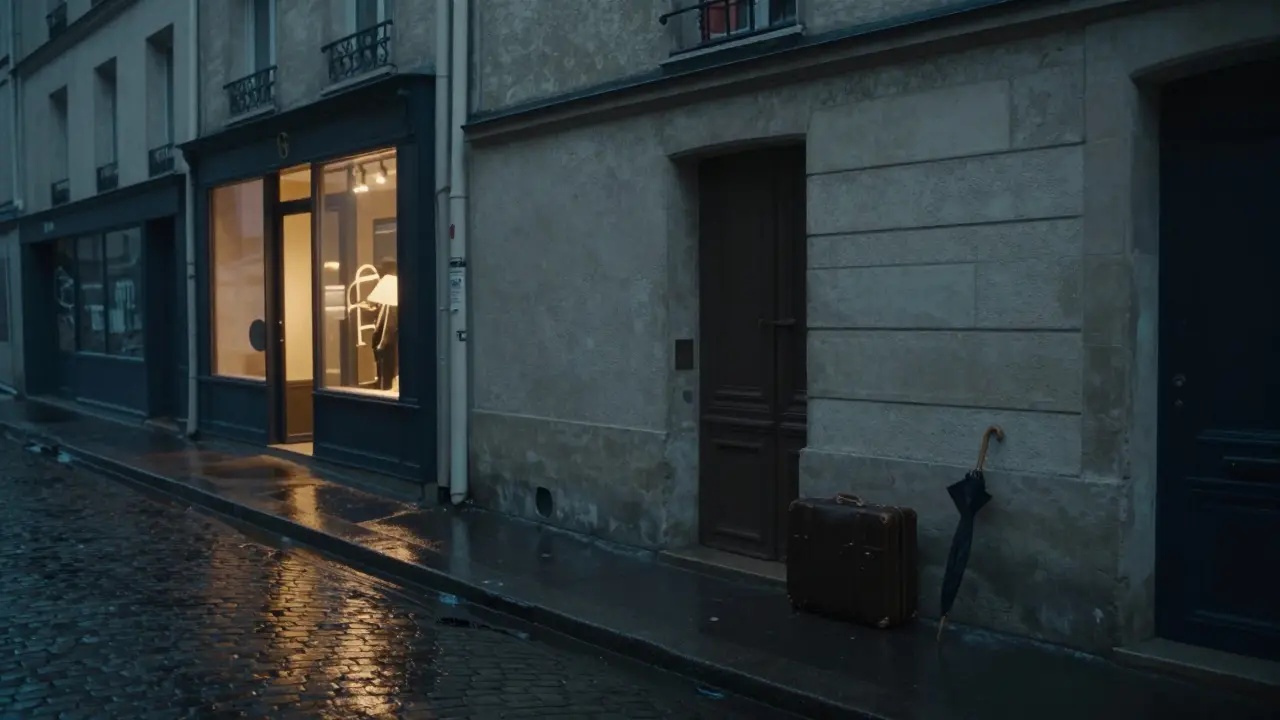An empty Paris street at dusk with a suitcase and umbrella near a doorway, evoking a quiet departure.