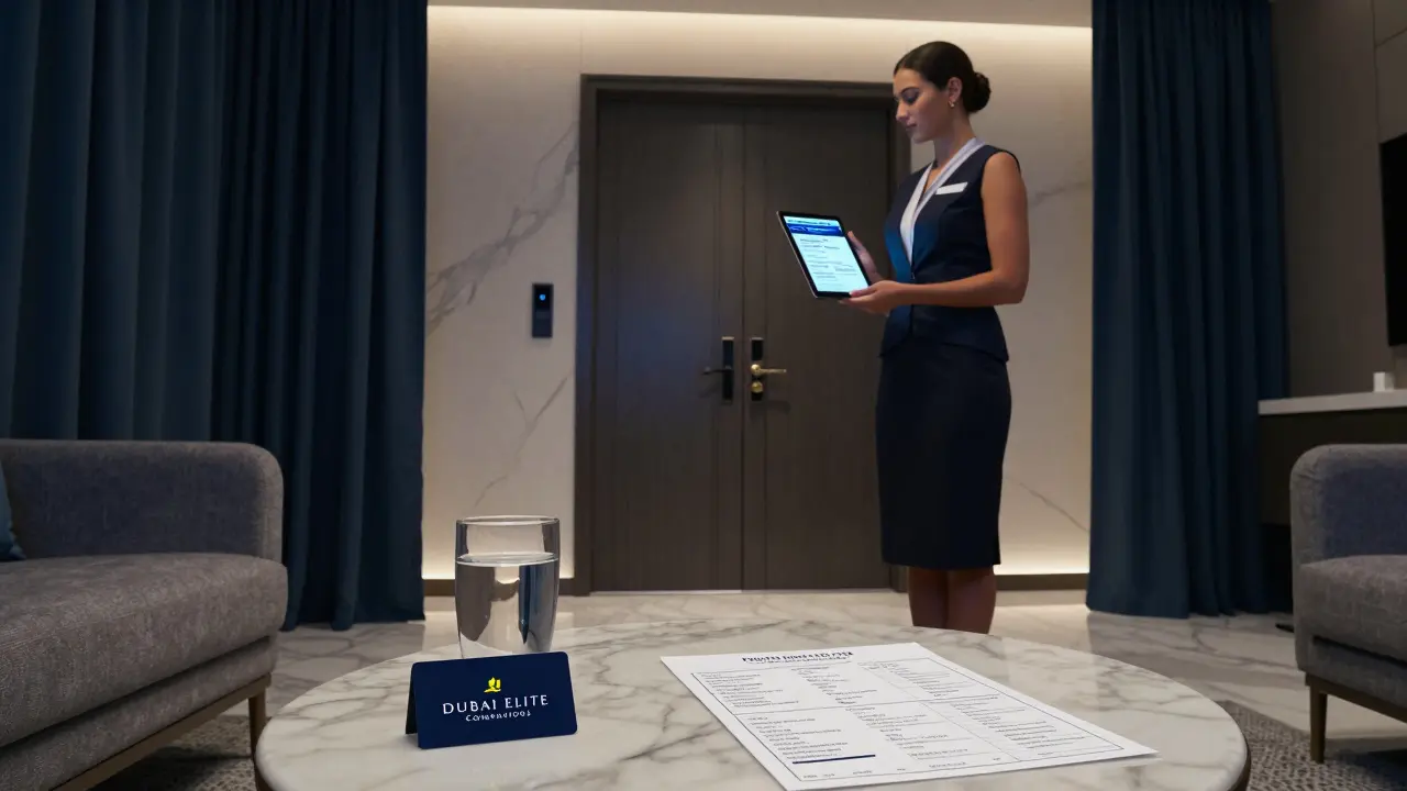 An escort in an elegant gown standing in a luxury hotel suite with a secure booking tablet on display.