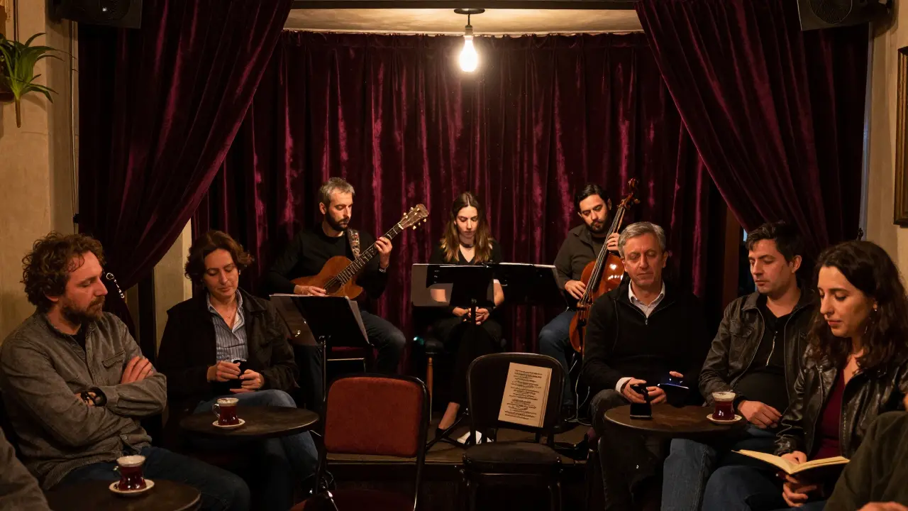 An intimate jazz club with musicians playing softly under a single bulb, patrons listening in silent reverence.