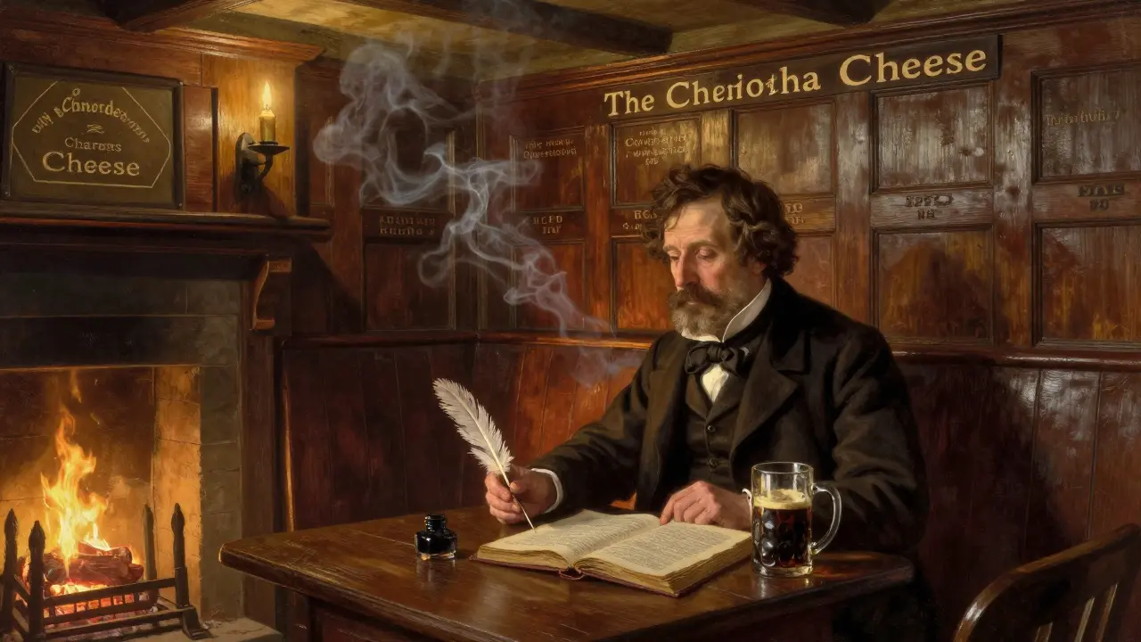 Charles Dickens writing at a corner table in The Cheshire Cheese, candlelight and fireplace glowing nearby.