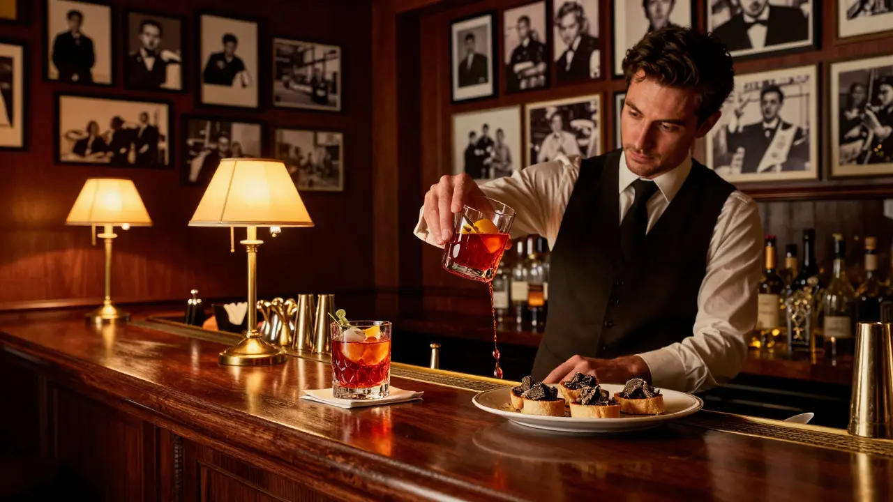 Classic Milanese bar with a bartender pouring a Negroni surrounded by vintage photos and warm lighting.