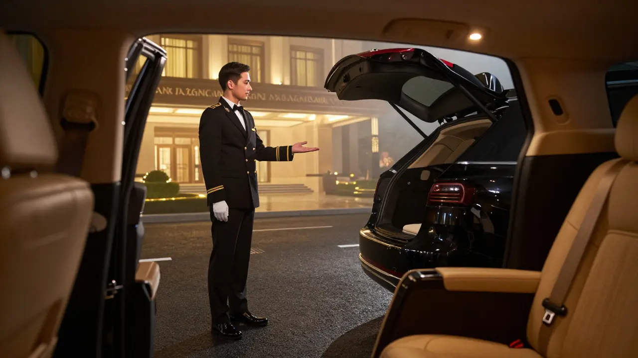 Concierge staff at hotel valet assisting guest with luggage under warm lights.
