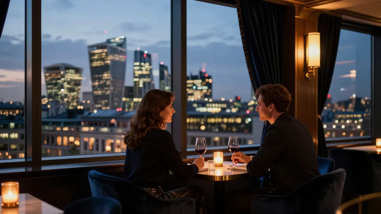 Couples enjoying a quiet moment at a rooftop bar in London, city skyline glowing behind them with candlelight on the table.