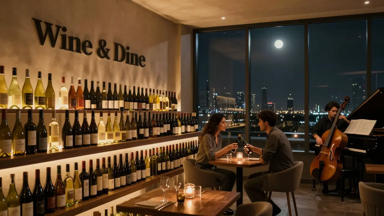 Couples enjoying wine and live jazz in a cozy, softly lit wine bar at night.