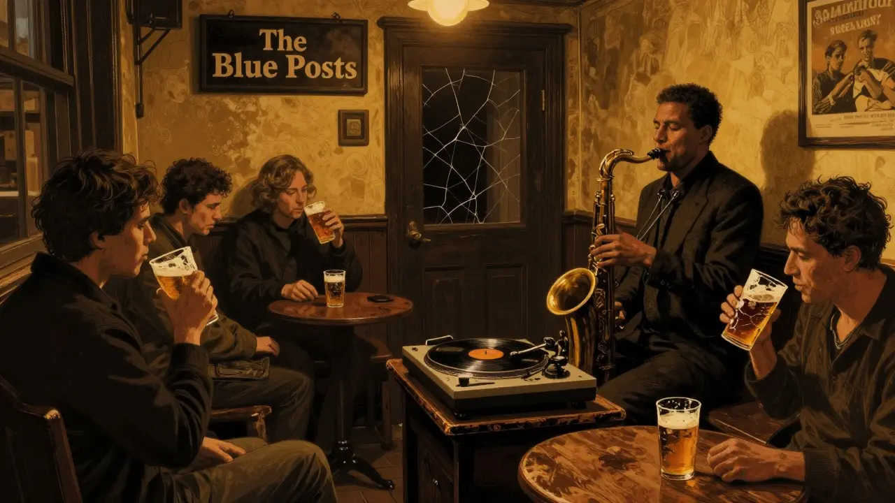 Cozy jazz den in a historic Camden pub with a saxophonist playing, patrons sipping ale by a turntable and wooden bench.