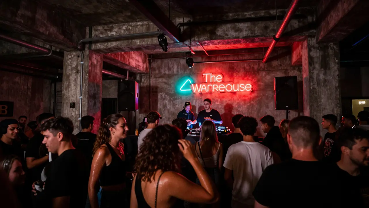 Crowd energized by music in a raw industrial club with neon lights and speakers.