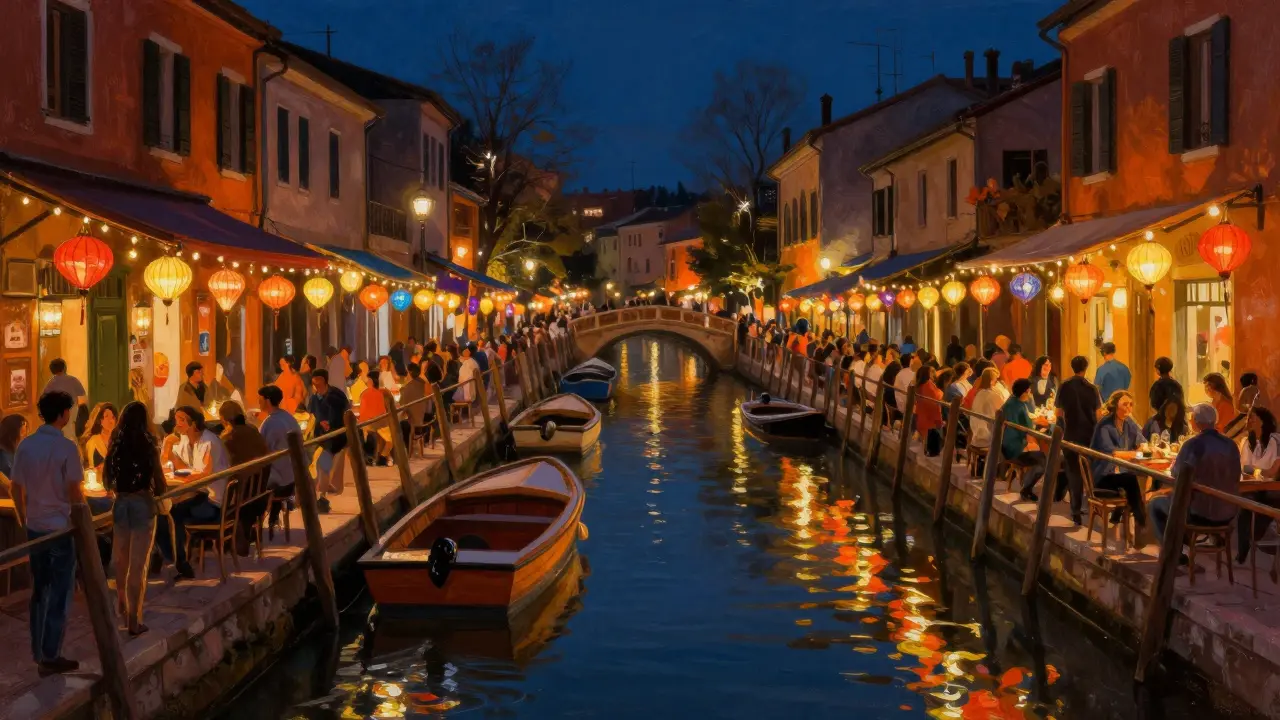 Crowded canal dining scene in the Navigli district at night