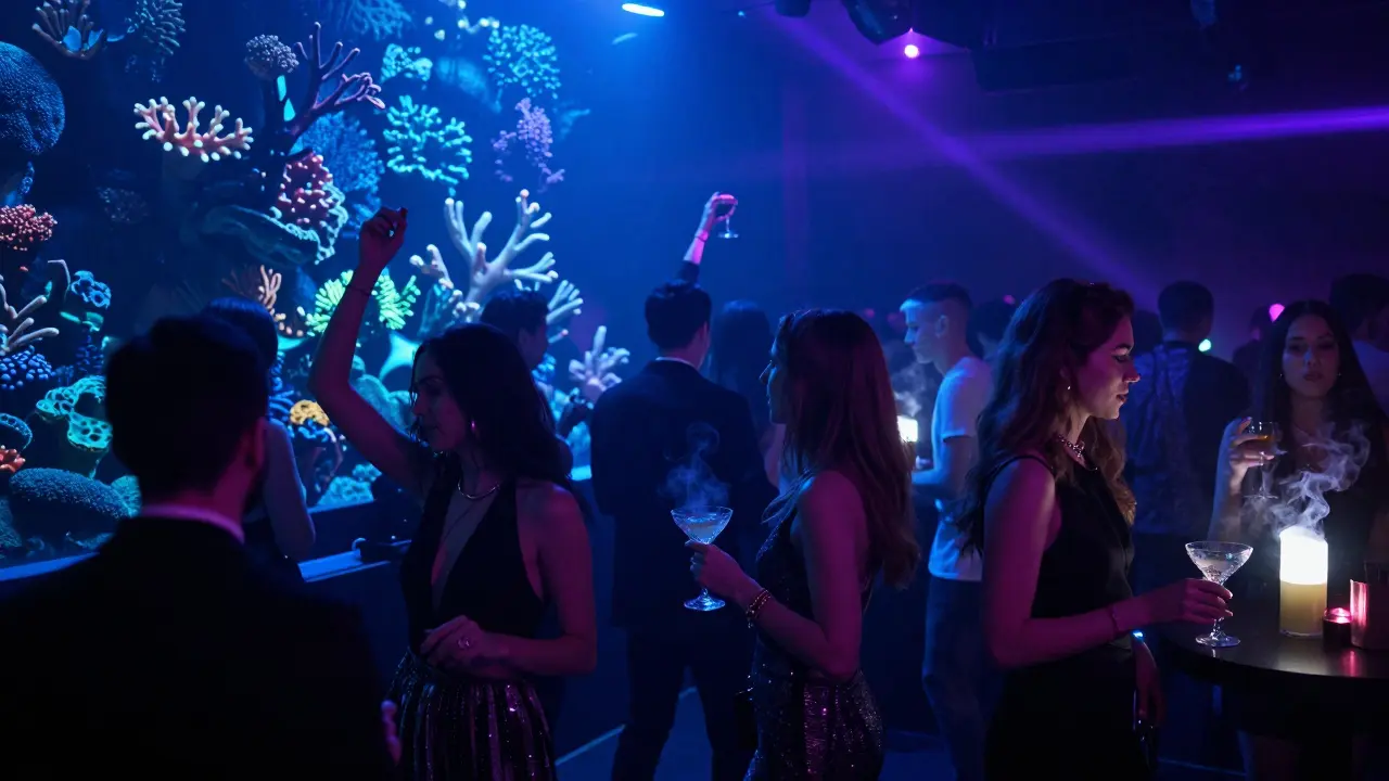 Dancers in elegant attire under immersive coral reef lighting inside Le Blue Lagoon nightclub.