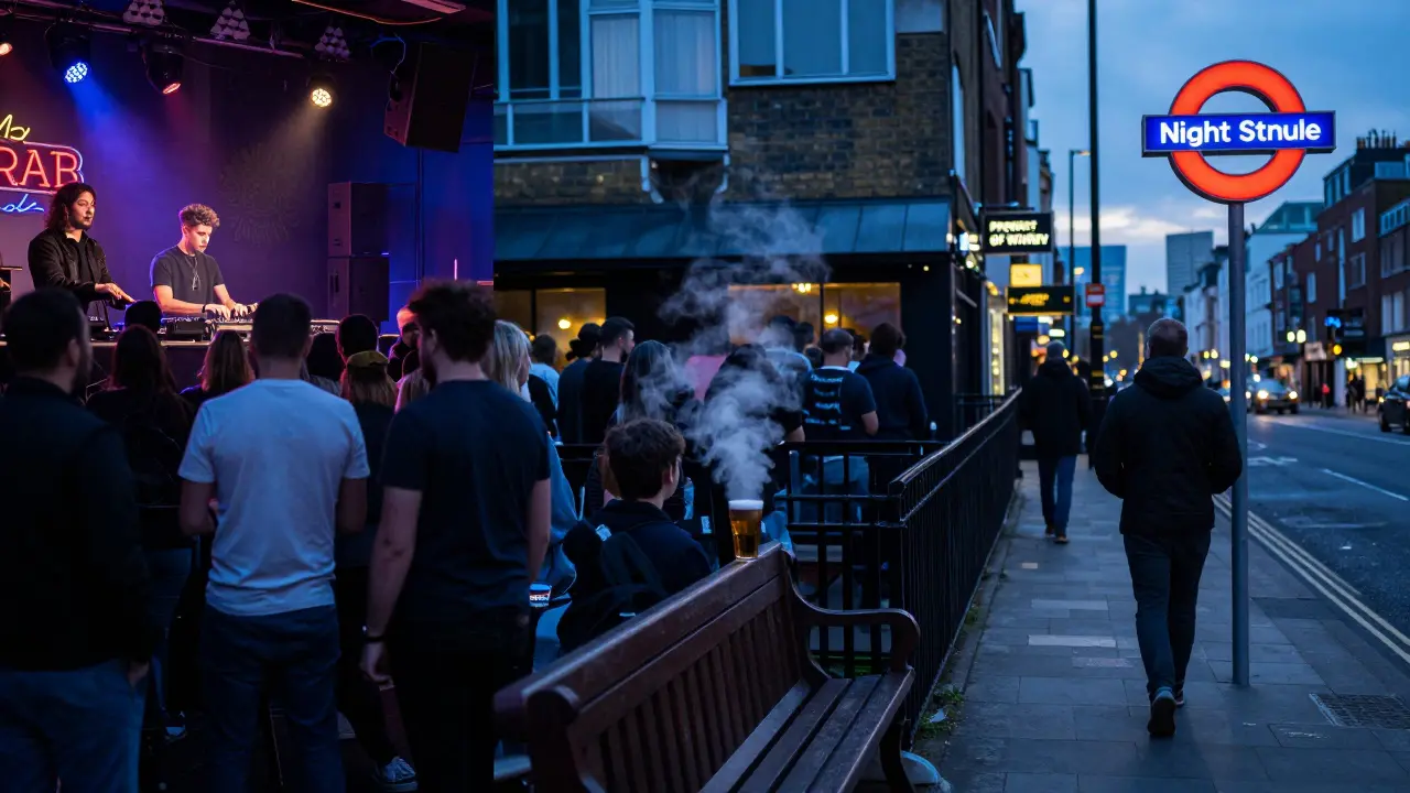 Dawn in London: three nightlife scenes—warehouse party, riverside pub, and Night Tube—blended in cool twilight tones.