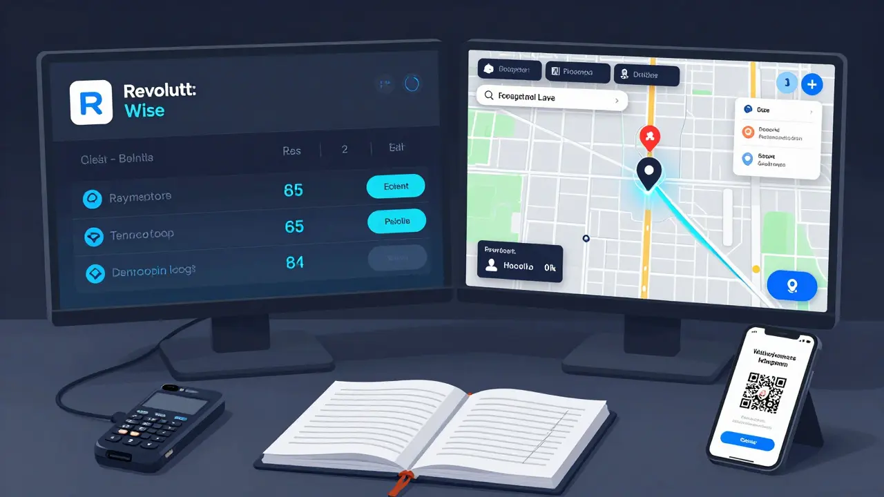 Digital dashboard showing encrypted payments and live GPS tracking for an escort's safety system.