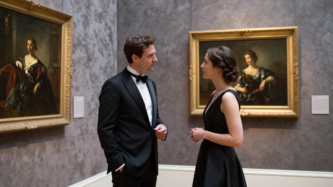 Elegant guests discussing art in a private gallery setting