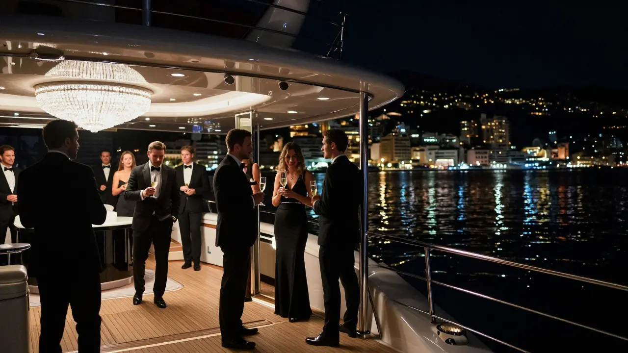 Elegantly dressed guests aboard a luxury yacht at the exclusive Yacht Club in Monte Carlo, illuminated by chandeliers.