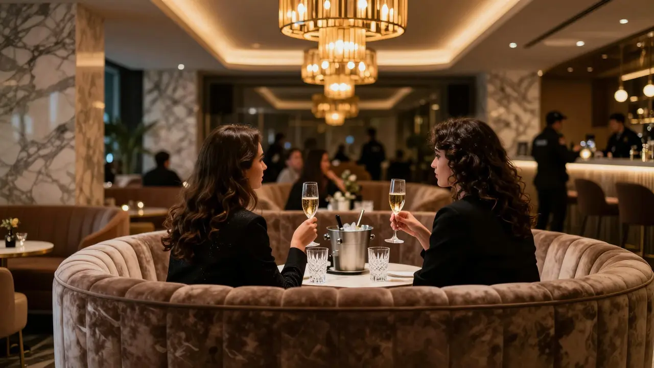 Elegantly dressed people in VIP lounge booth drinking champagne with warm lighting.