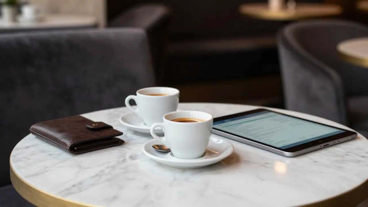 Empty cafe table with coffee cups in soft lighting.