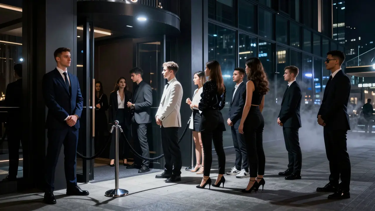 Fashionable guests waiting outside a high-end Milan nightclub