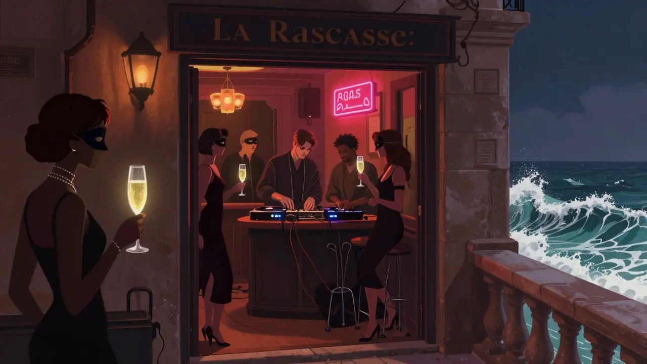 Hidden afterparty at La Rascasse with a DJ spinning vinyl in a narrow alley behind the casino, glowing champagne flutes.