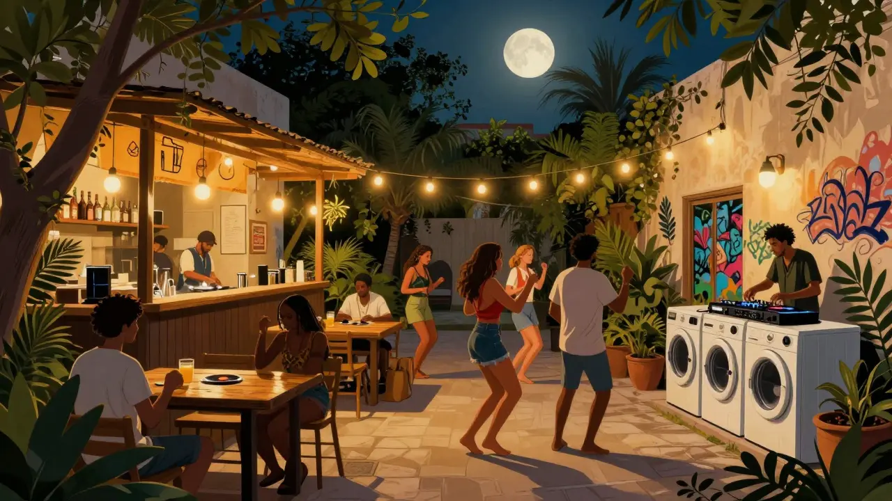 Hidden garden bar The Courtyard with people dancing under string lights behind a laundry shop.