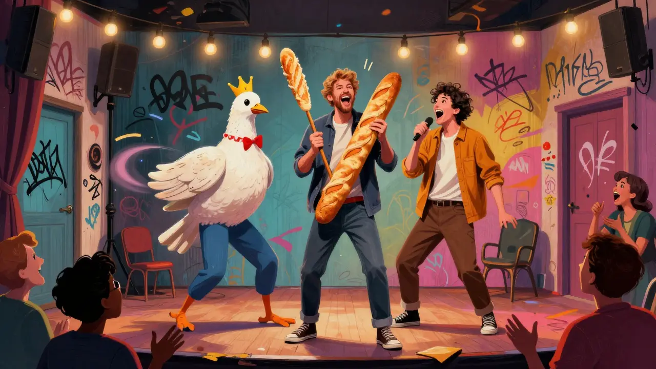 Improv comedians in playful costumes performing on stage as the audience enthusiastically shouts suggestions.