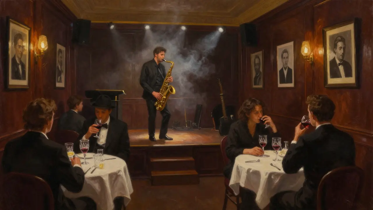 Jazz musician playing saxophone in dimly lit parisian club.