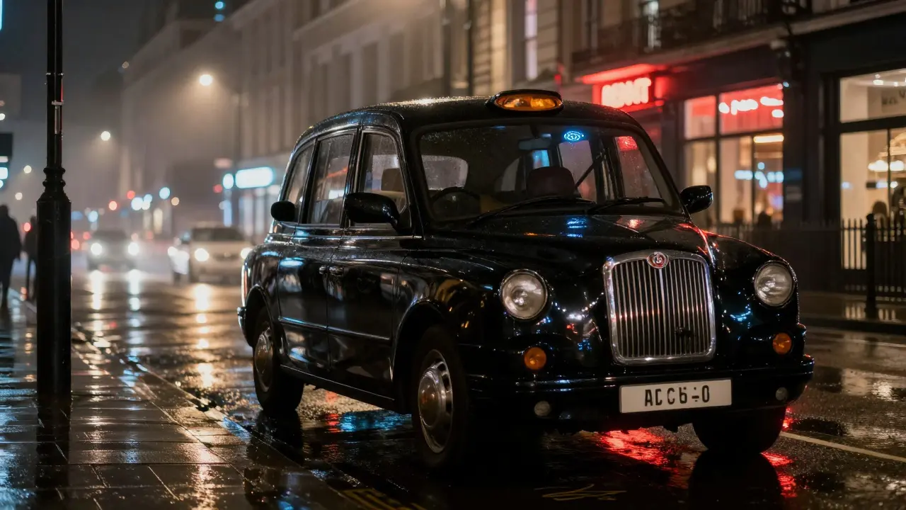 Luxury black car on wet London street at night with city lights reflecting.
