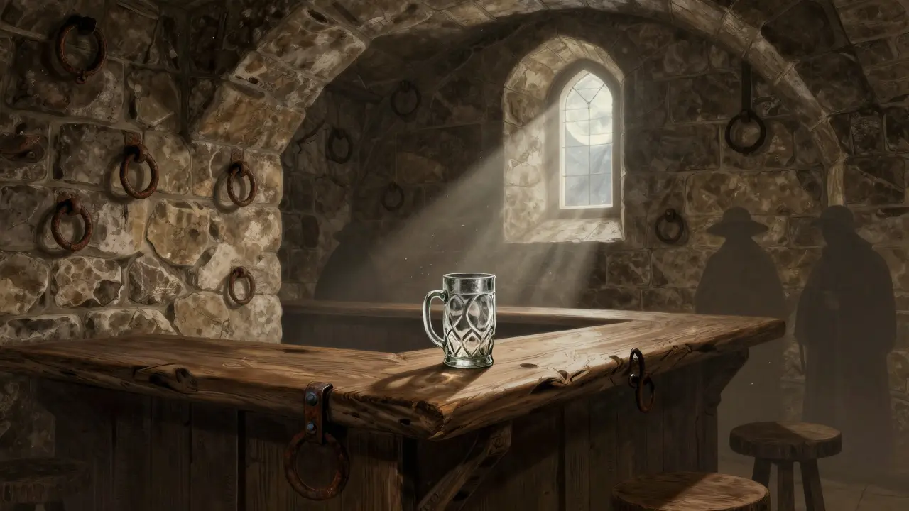 Medieval cellar of The Old Bell with stone walls, iron rings, and a single tankard in moonlit stillness.