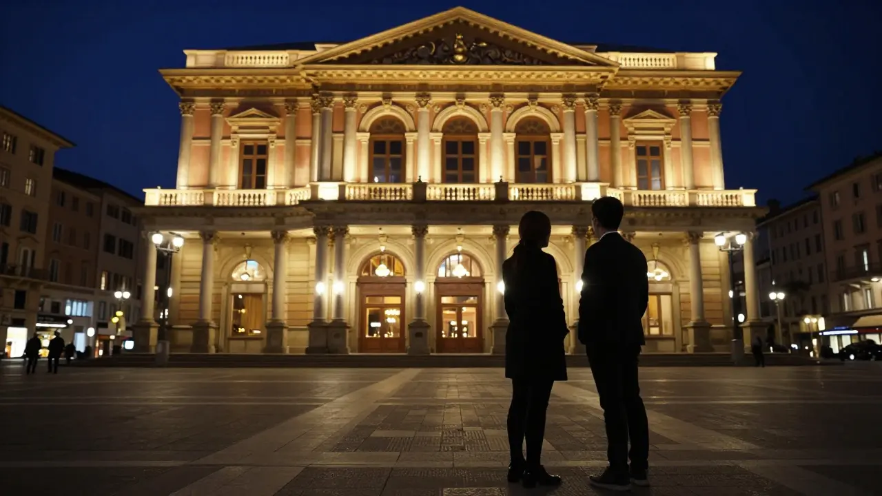 Opera house facade at night with silhouettes outside.