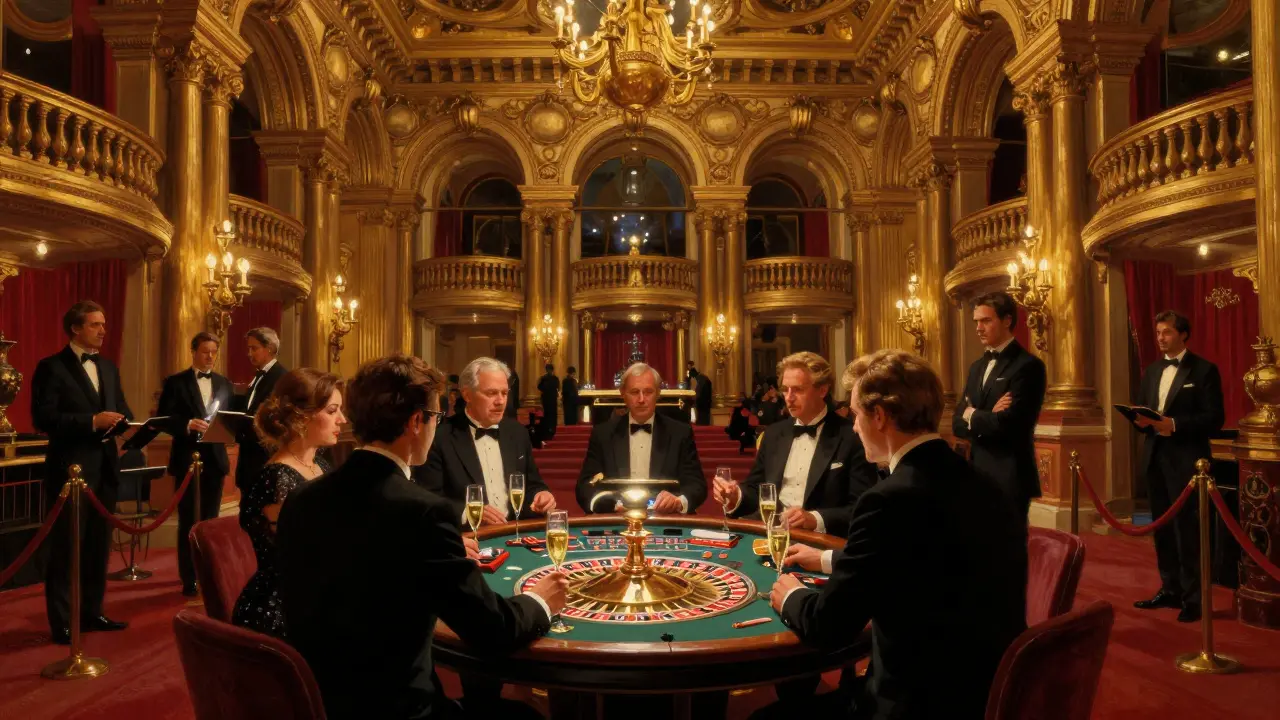 Orchestra playing in a gilded casino hall as guests gather around a private roulette table.