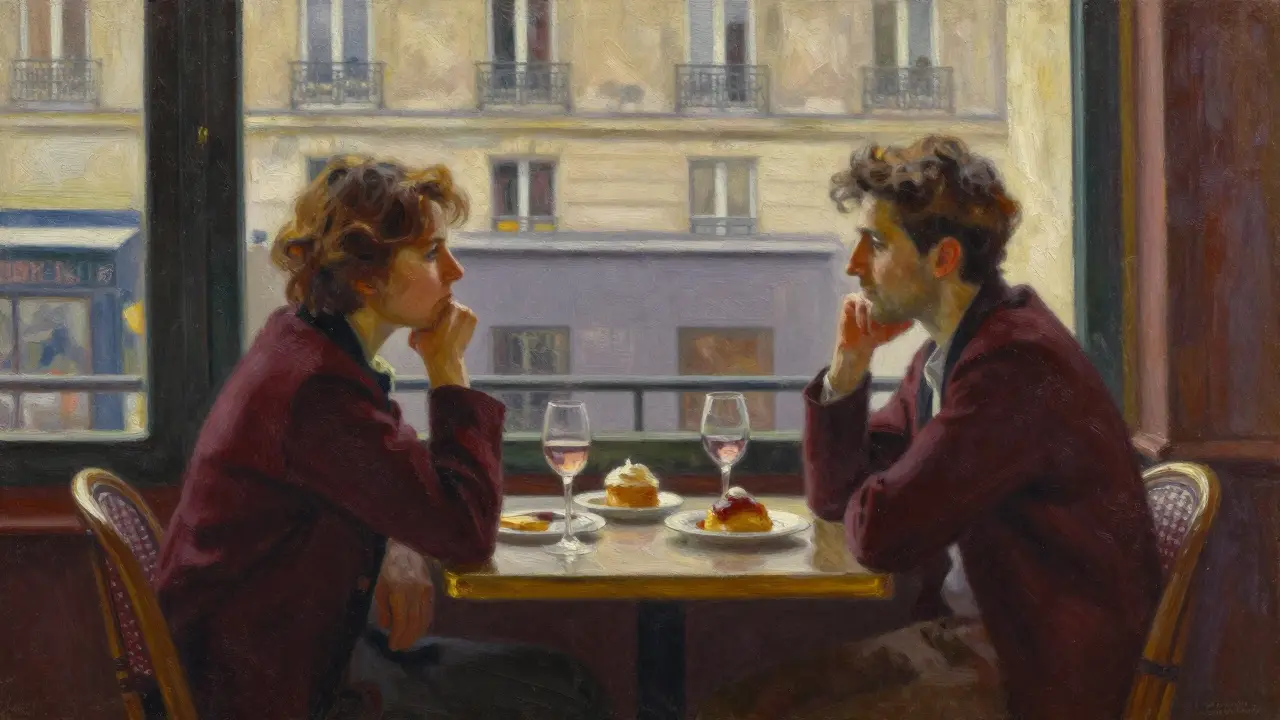 Painted cafe scene with wine glasses and city view.