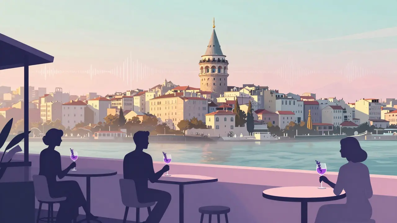 People on a minimalist rooftop bar in Karaköy watching the city lights at dawn.