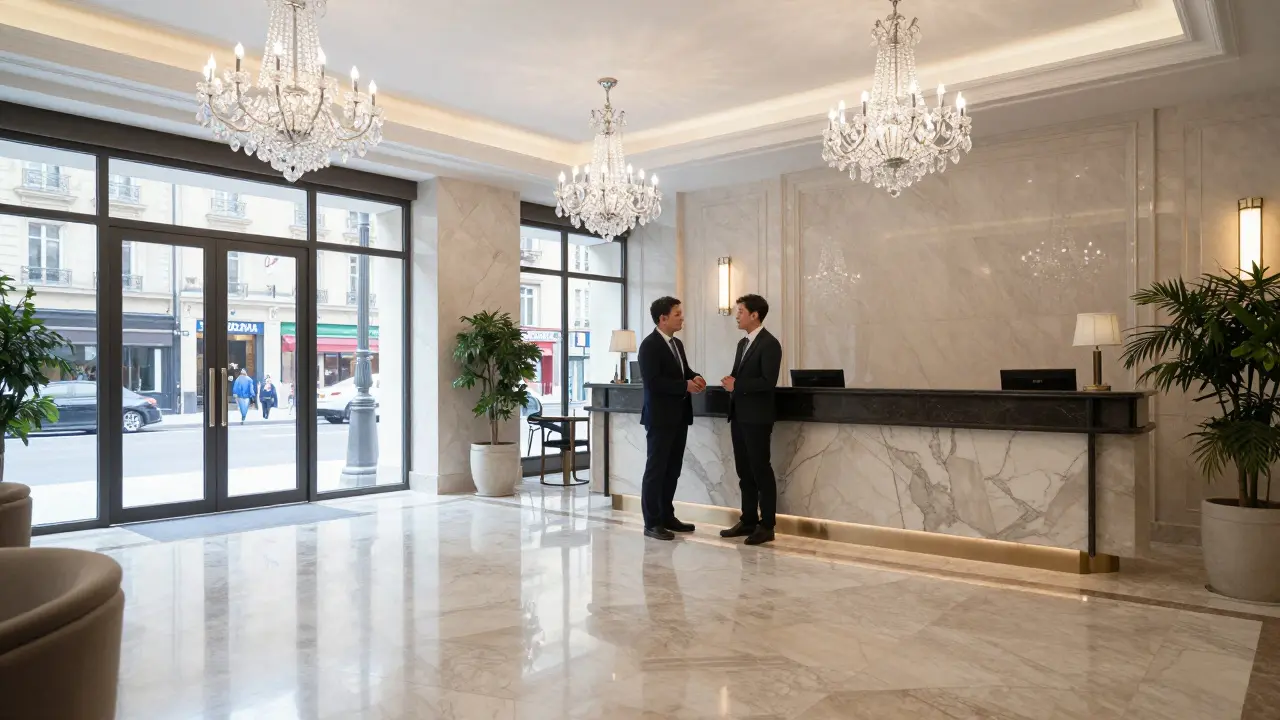 Polite business meeting inside a grand hotel lobby.