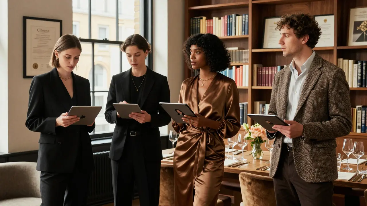 Professional companions in a London agency lounge, dressed for diverse events, surrounded by client profiles and certifications.