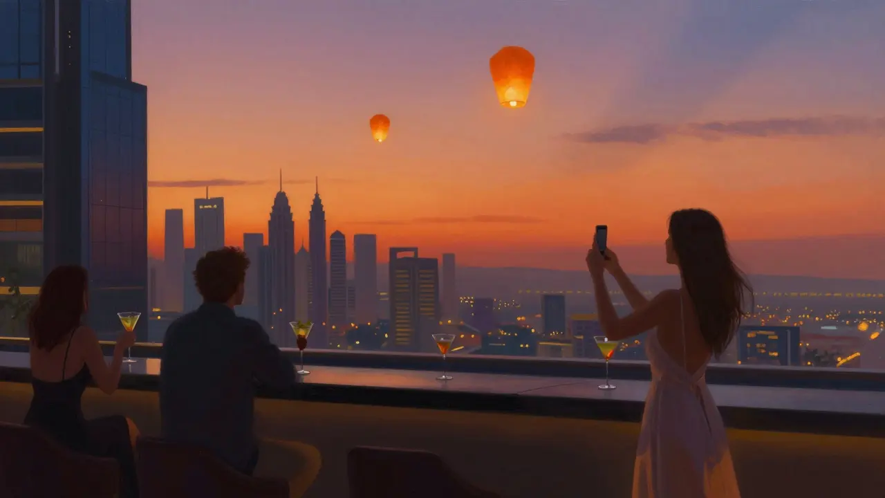 Rooftop bar Skyview at sunset with city skyline and people enjoying cocktails.