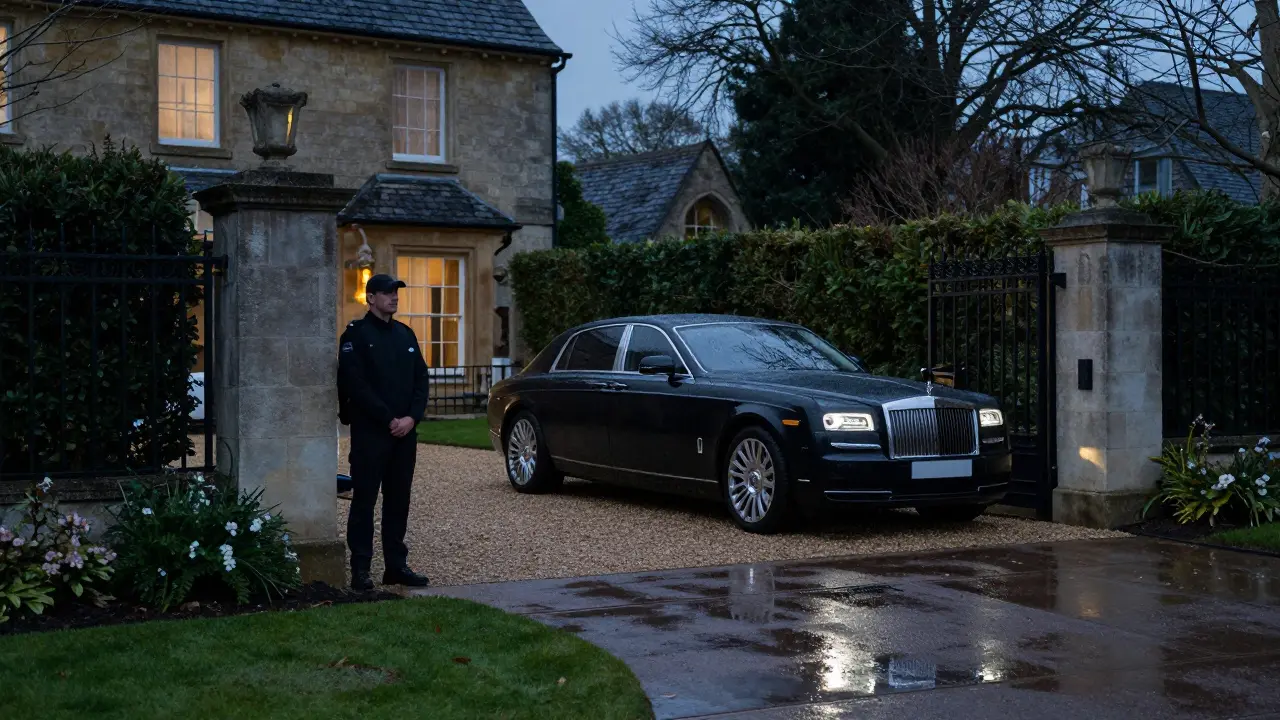 Secure luxury estate entrance with security detail at night