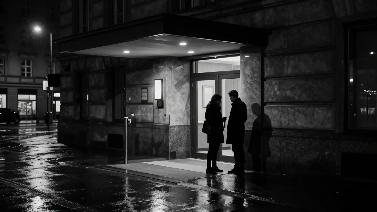 Silhouettes meeting discreetly at a hotel lobby entrance at night.