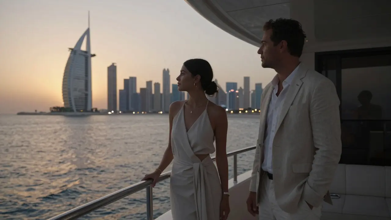 Silhouettes of a woman and man on a private yacht at sunset overlooking Dubai's skyline.