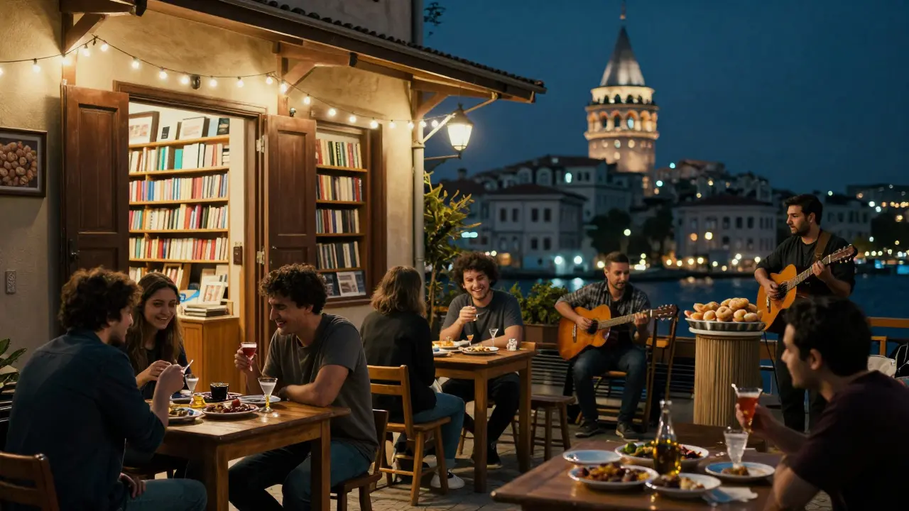 Students enjoying raki and live music in a lit courtyard in Kadıköy, with Galata Tower in the distance.
