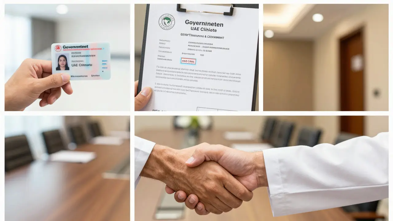 Three symbols of safety: ID verification, medical certification, and a professional handshake.