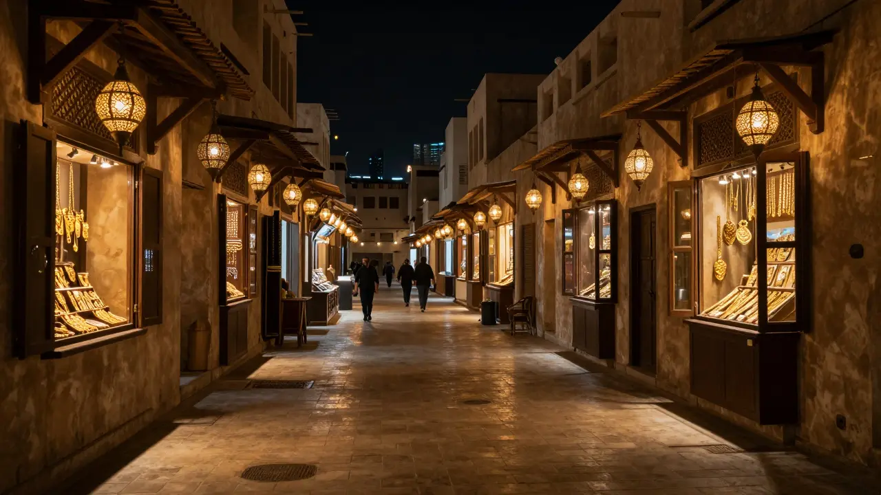 Traditional gold souk alleyway lit by hanging lanterns during evening