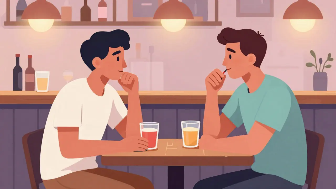 Two people conversing at a trendy bar in warm lighting.