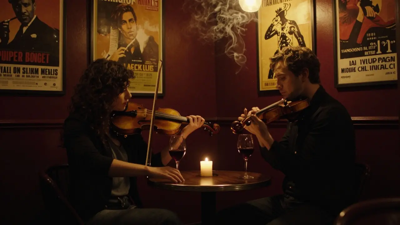 Two people enjoy a quiet jazz moment in a dimly lit Parisian basement club, wine glasses in hand.