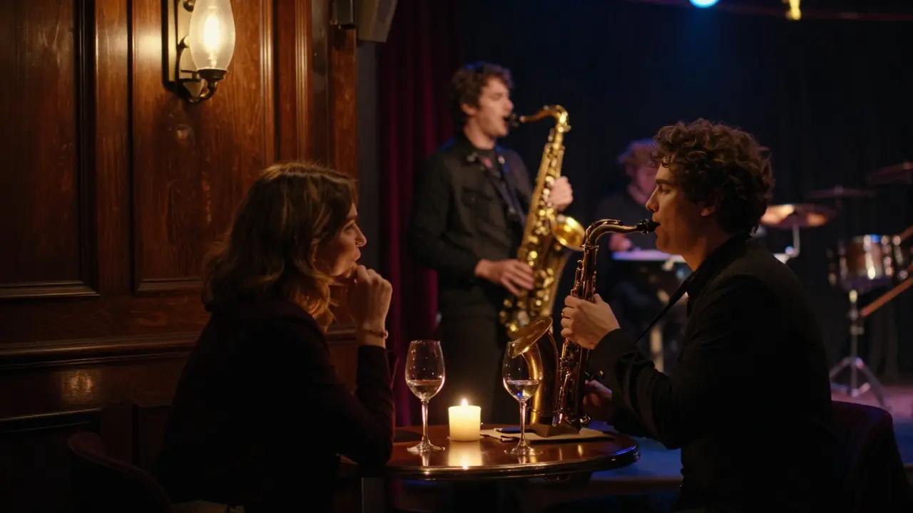 Two people enjoy an intimate jazz performance in a dimly lit Parisian club, candlelight glowing on their faces.