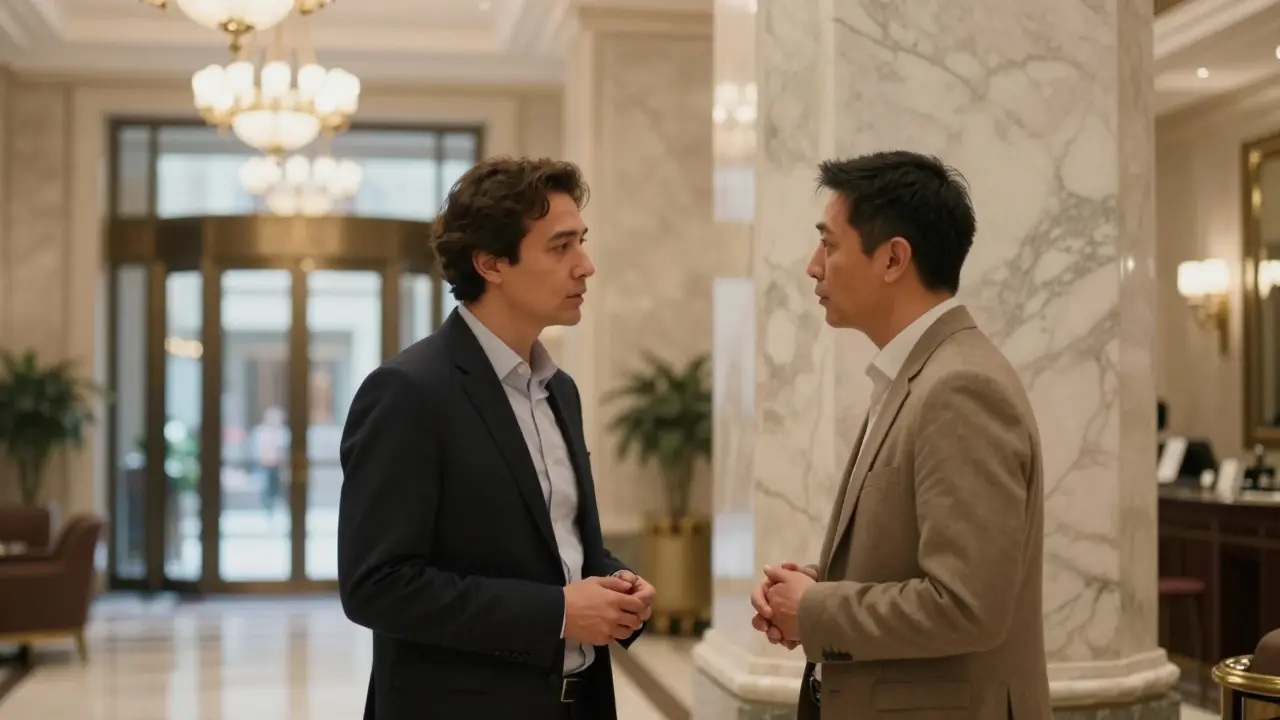 Two people having a discreet meeting in a public hotel lobby.