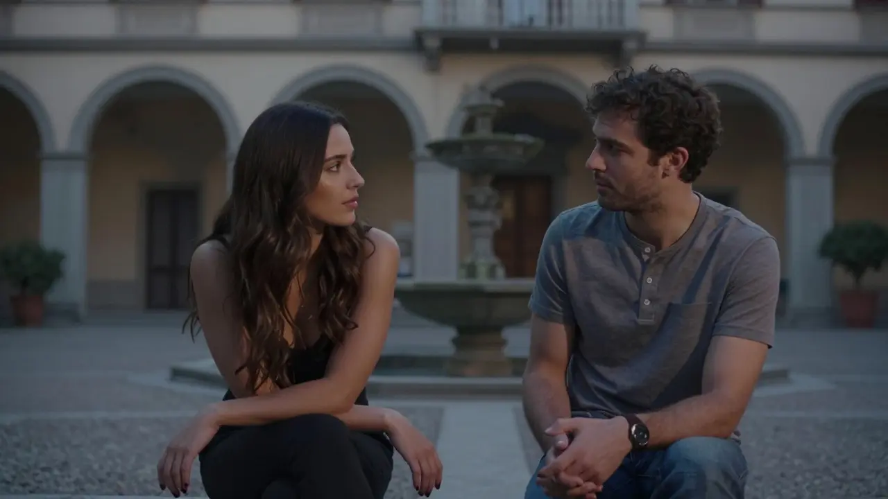 Two people in quiet conversation in a Brera courtyard at dusk, radiating calm connection without words.