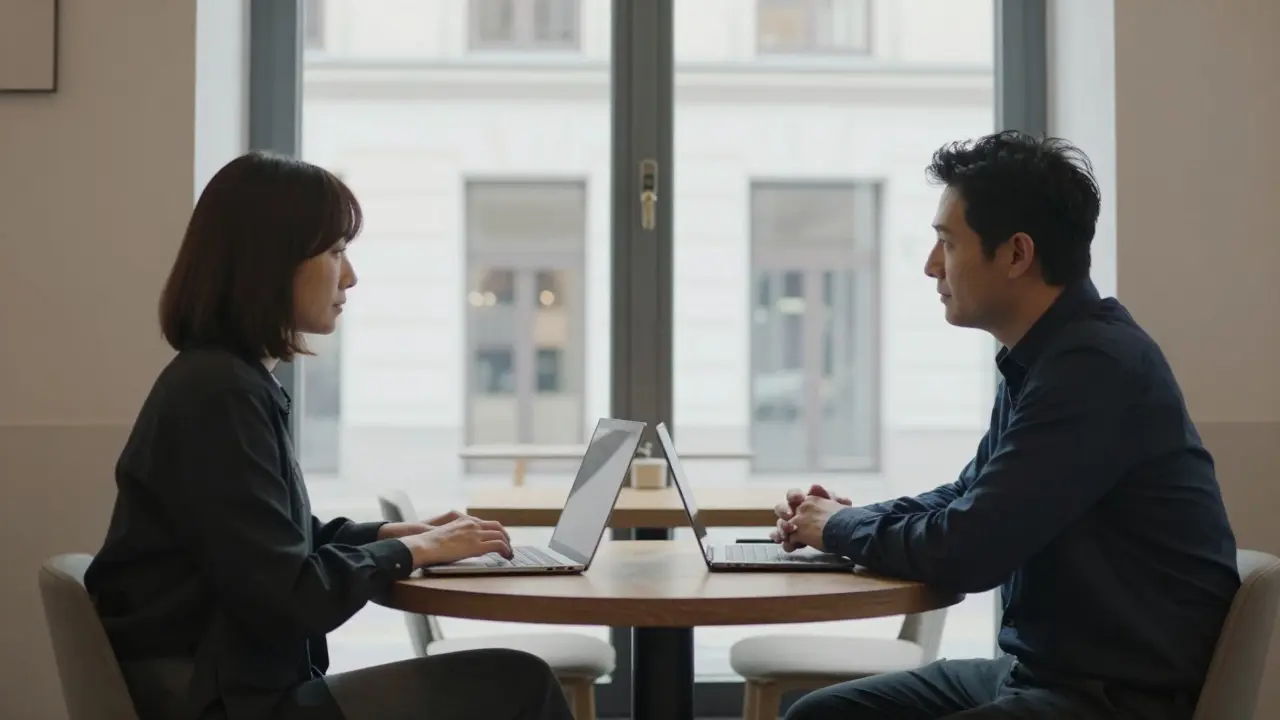 Two people meeting in a bright Berlin cafe during daylight hours