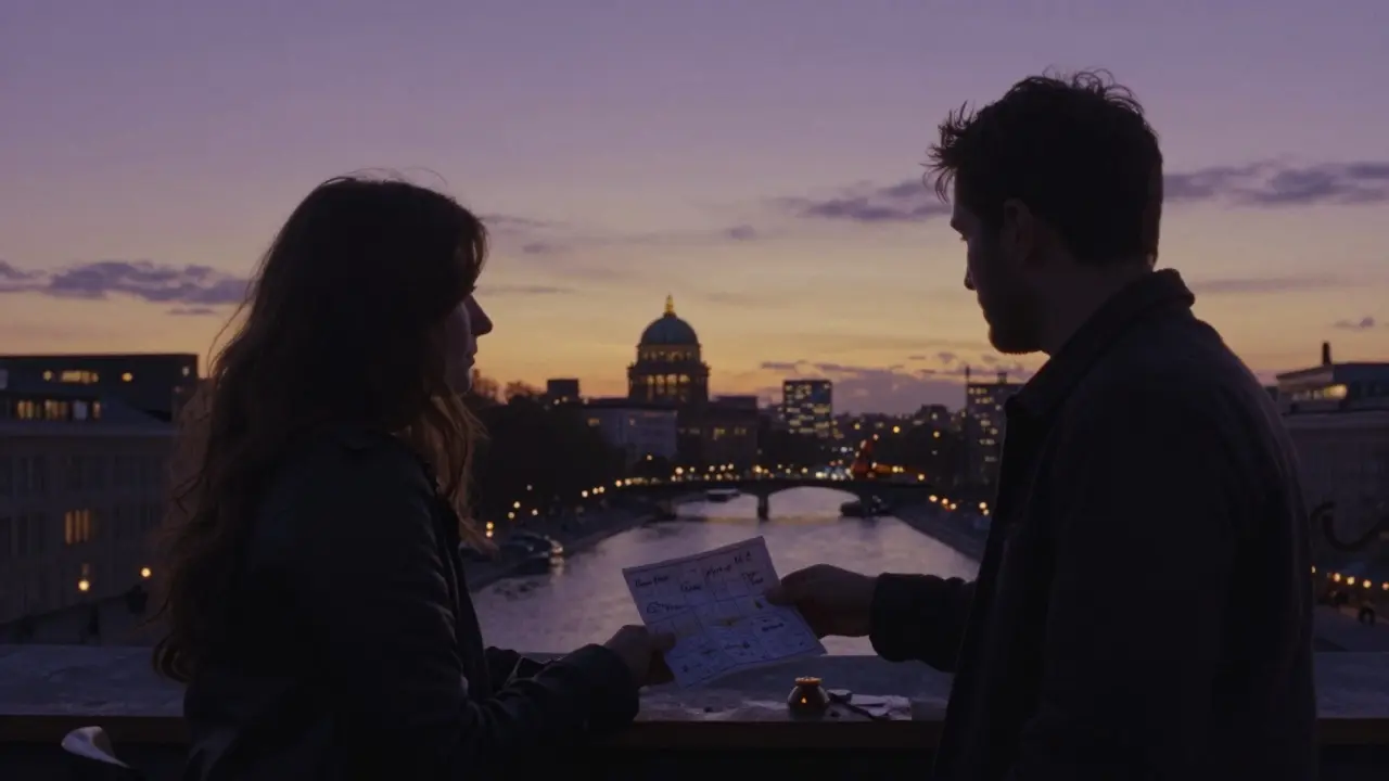 Two people on a rooftop at dusk, one handing the other a hand-drawn map of shared Berlin moments.