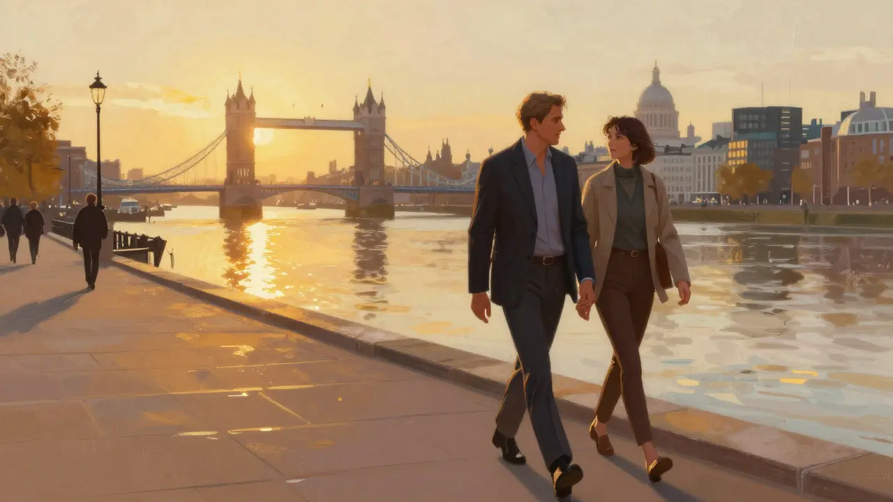 Two people walking along Thames river at sunset with bridge in background.