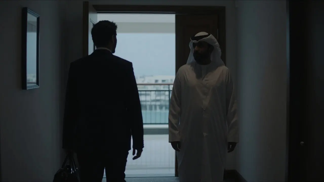 Two silhouettes in a hotel hallway at dusk, one leaving, the other standing still—no touch, no words, only respect.