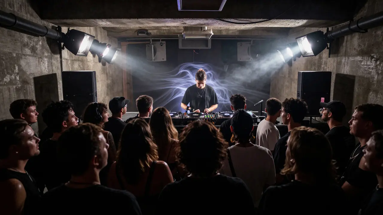 Underground techno club with concrete walls and intense lighting as a crowd dances to pounding bass.